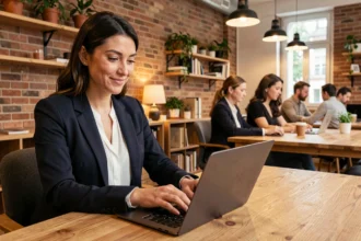Femme professionnelle travaillant dans un espace de coworking moderne à Limoges avec murs en briques apparentes