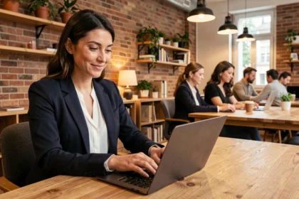 Femme professionnelle travaillant dans un espace de coworking moderne à Limoges avec murs en briques apparentes