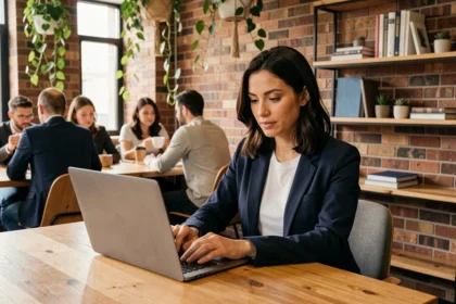 Femme travaillant dans un espace de coworking moderne à Pessac avec un laptop et un café