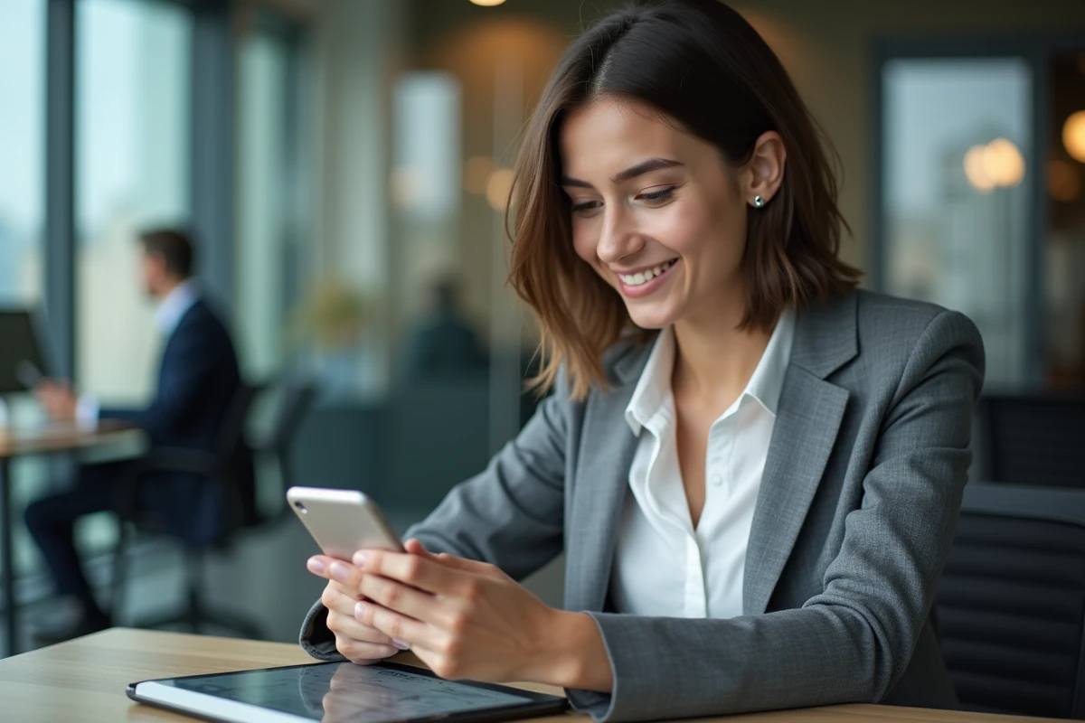 Jeune femme utilisant smartphone et tablette en coworking