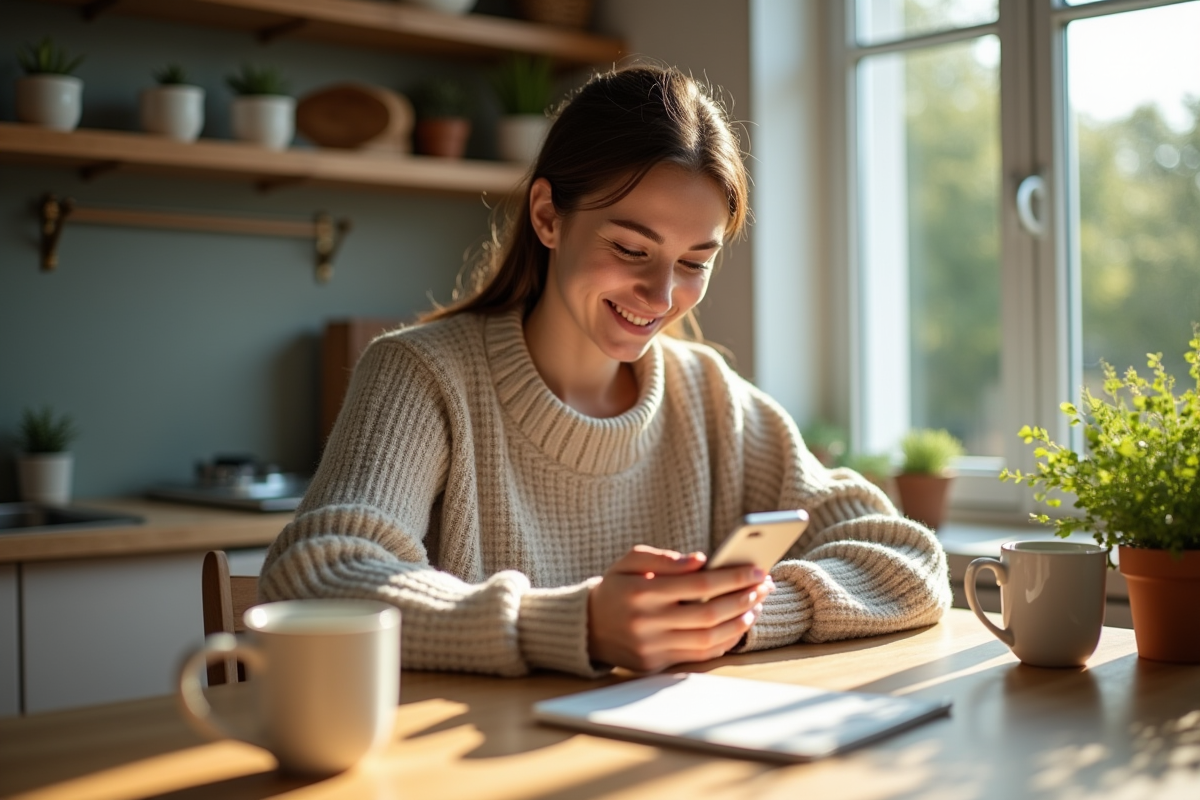 Jeune femme souriante utilisant son smartphone à la maison