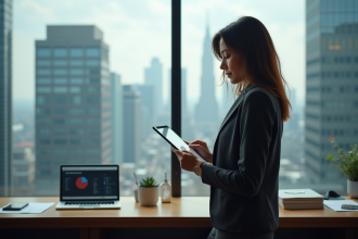 Femme d'affaires analysant des graphiques dans un bureau moderne