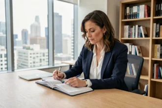 Femme entrepreneur lisant un journal d'affaires à son bureau dans un open space moderne en 2026