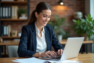 Femme entrepreneuse concentrée à son bureau dans un espace de coworking moderne, illustrant les aides pour entrepreneures en 2026