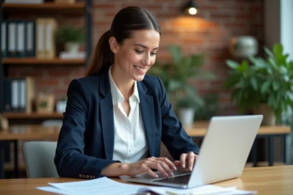 Femme entrepreneuse concentrée à son bureau dans un espace de coworking moderne, illustrant les aides pour entrepreneures en 2026