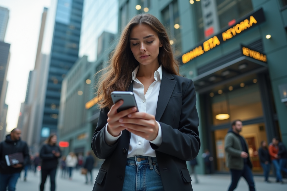 Jeune femme en extérieur utilisant son smartphone dans la ville