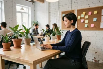 Femme indépendante travaillant sur son ordinateur portable dans un espace de coworking moderne à Cherbourg avec des plantes et un mur en briques blanches
