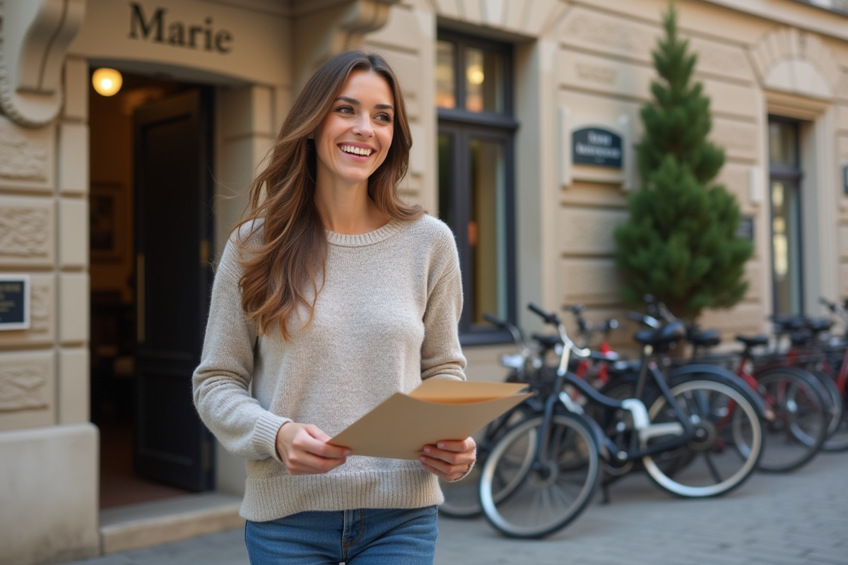 Jeune femme souriante passant devant la mairie