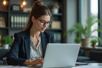 Femme d'affaires analysant des données marketing sur son ordinateur
