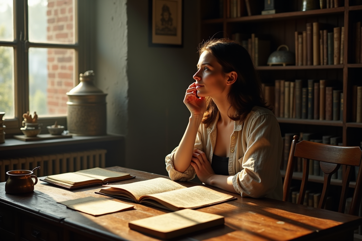 Femme méditative dans un décor mystique avec livres anciens