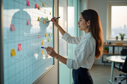 Jeune femme organisant un calendrier avec des notes colorées
