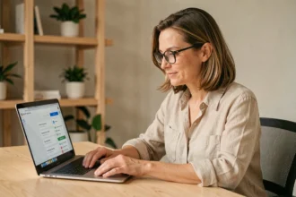 Femme utilisant le portail numérique de La Poste sur un ordinateur portable depuis son bureau à domicile