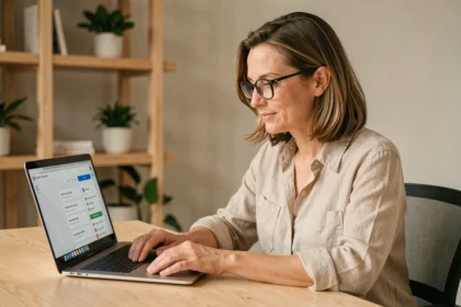 Femme utilisant le portail numérique de La Poste sur un ordinateur portable depuis son bureau à domicile