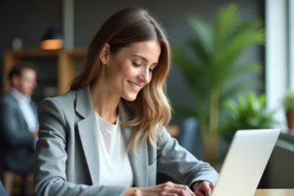 Femme professionnelle consultant ses bulletins de paie en ligne sur un ordinateur portable dans un bureau moderne
