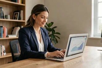 Femme professionnelle analysant les performances de son business en ligne sur un ordinateur portable dans un bureau moderne