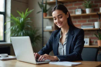 Femme professionnelle consultant une plateforme de développement de carrière sur son ordinateur portable dans un espace de co-working moderne