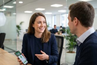 Jeune femme professionnelle souriante avec smartphone au bureau
