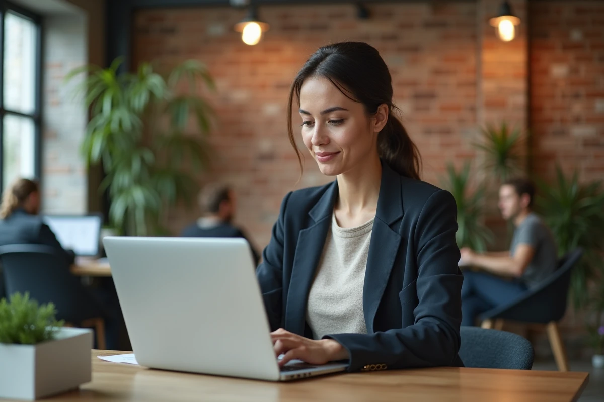 Femme en reconversion professionnelle consultant un site d'offres d'emploi sur un ordinateur portable dans un espace de coworking moderne