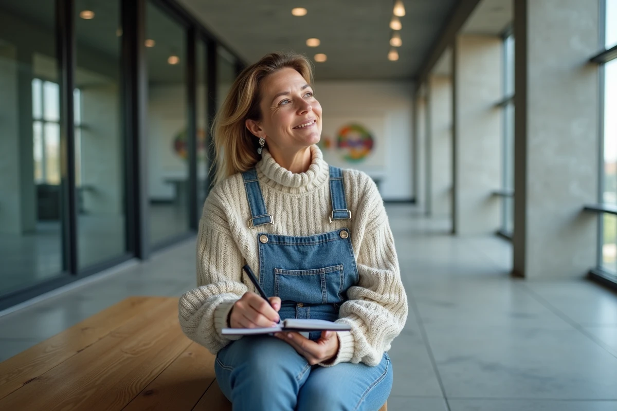 Femme en réflexion prenant des notes dans un environnement minimaliste