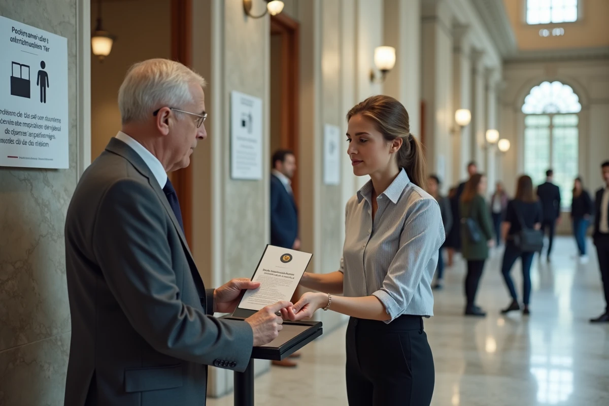 Jeune femme donnant une brochure à un senior dans un bâtiment public