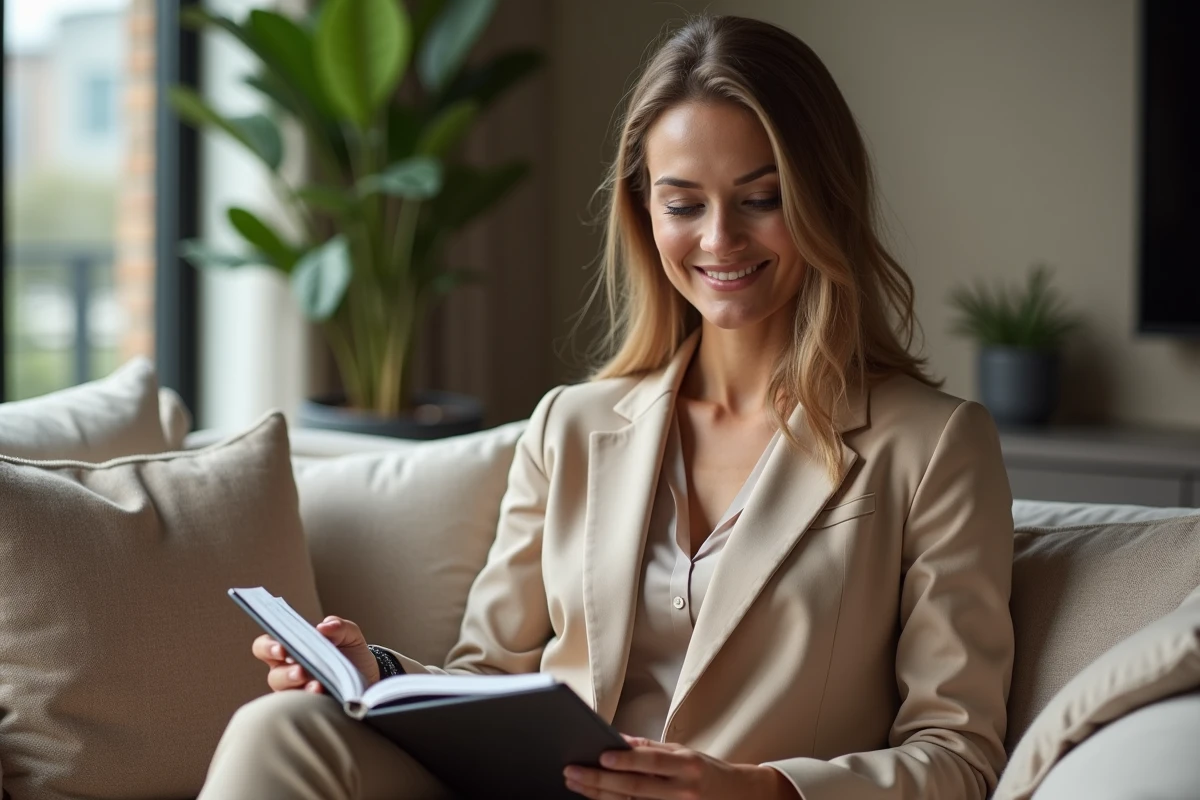 Femme professionnelle lisant un magazine dans un salon élégant