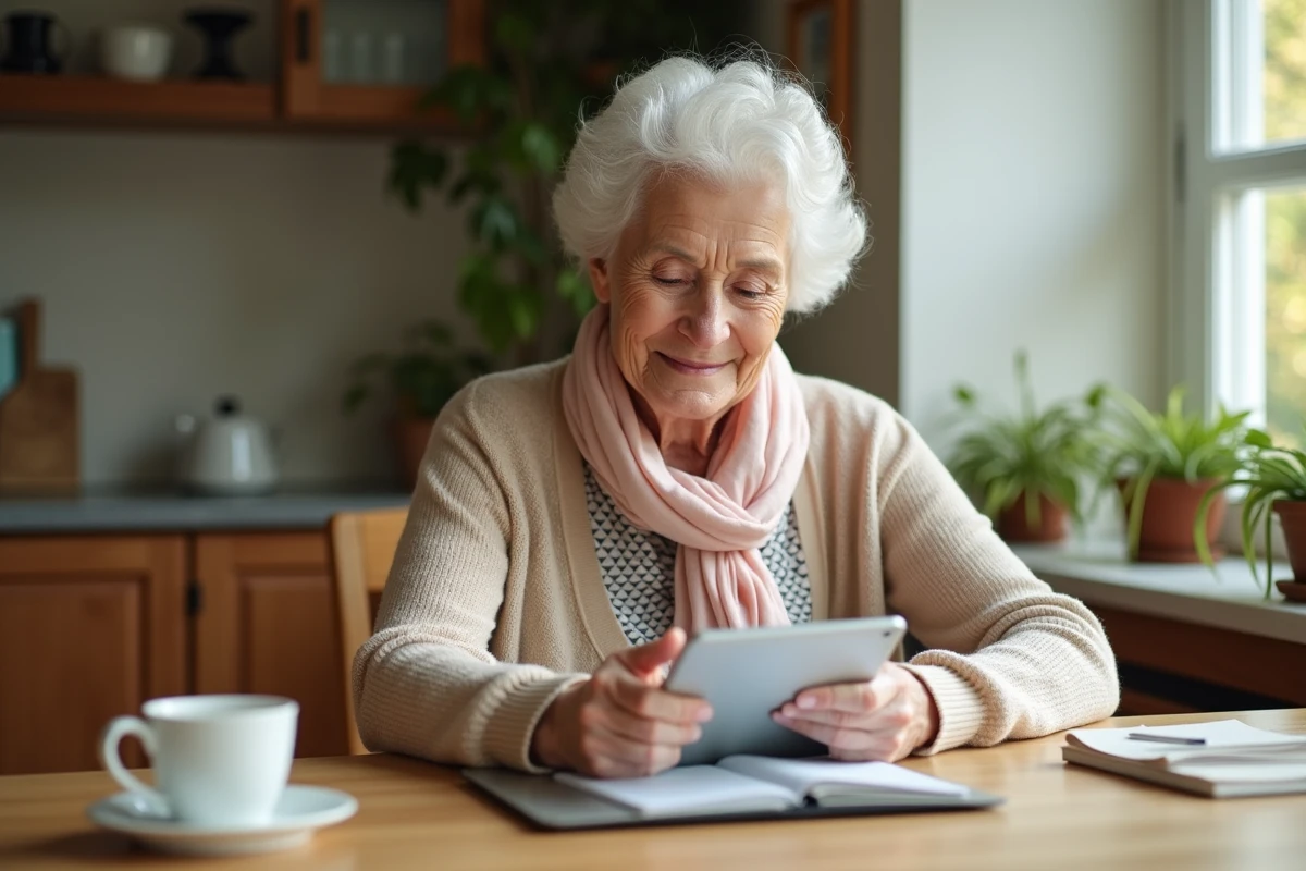 Femme âgée utilisant une tablette dans sa cuisine lumineuse