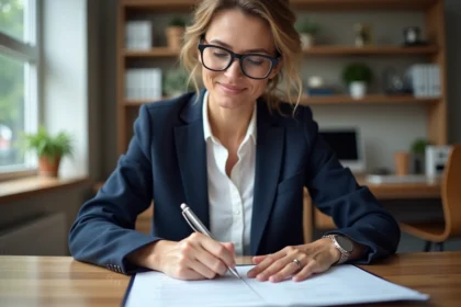 Femme signant un document officiel dans un bureau moderne