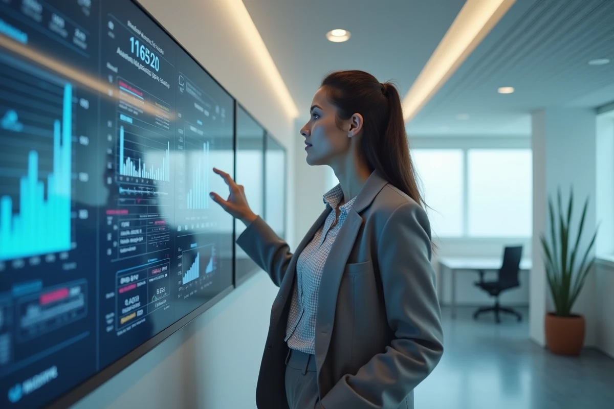 Jeune femme spécialiste analysant des données sur un écran digital