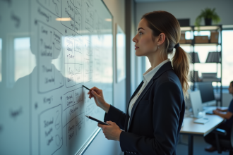 Jeune femme en réunion stratégique dans un bureau moderne