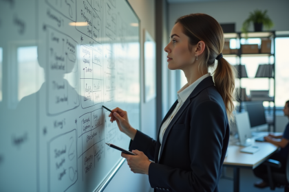 Jeune femme en réunion stratégique dans un bureau moderne