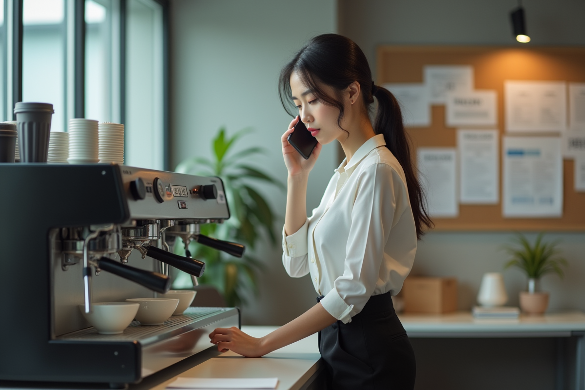 Jeune femme au café au travail parlant au téléphone