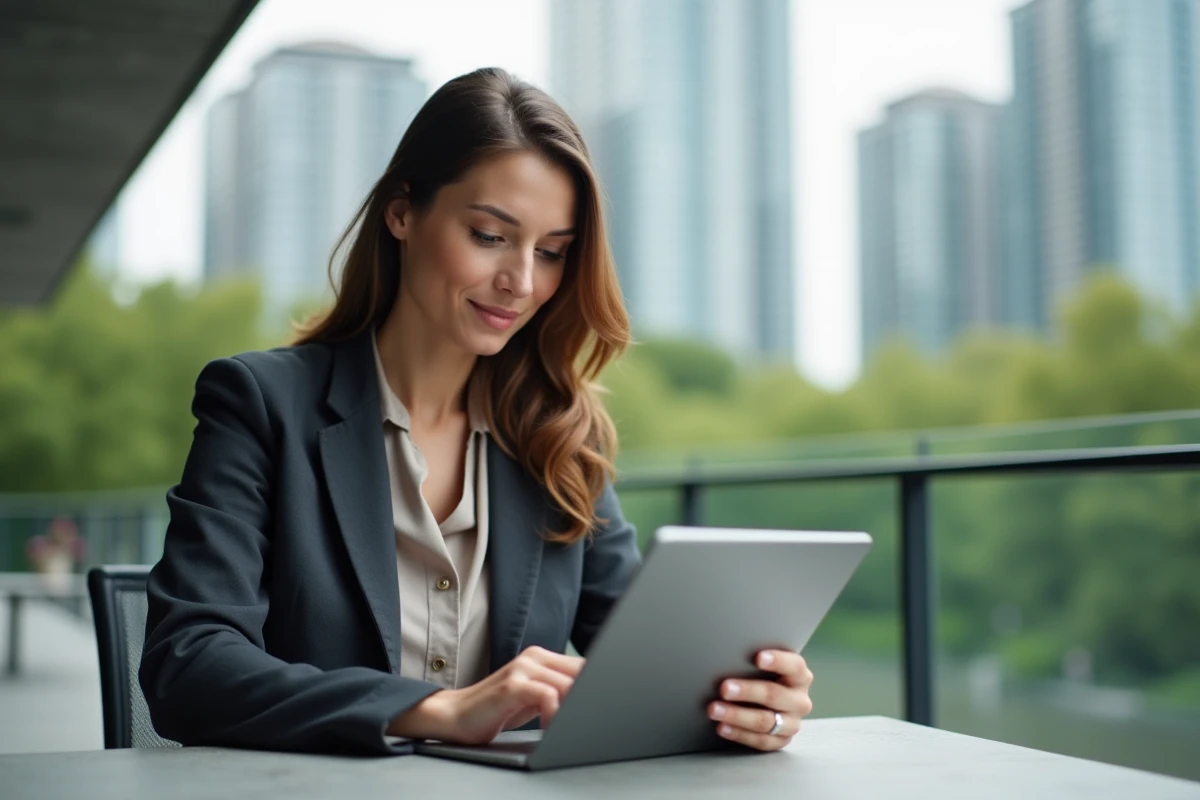 Femme en terrasse vérifiant son portefeuille sur une tablette