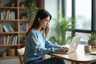 Femme travaillant sur son ordinateur dans un appartement lumineux