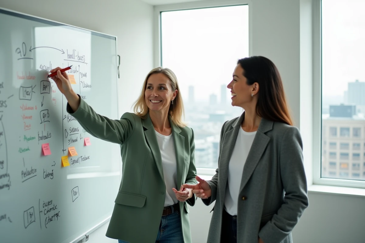 Deux femmes entrepreneures collaborant devant un tableau blanc dans un bureau de startup, symbolisant le soutien aux femmes dans l'entrepreneuriat en 2026