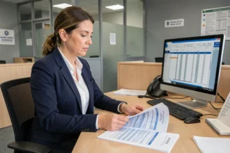Fonctionnaire territoriale de catégorie A consultant une grille salariale dans un bureau administratif municipal