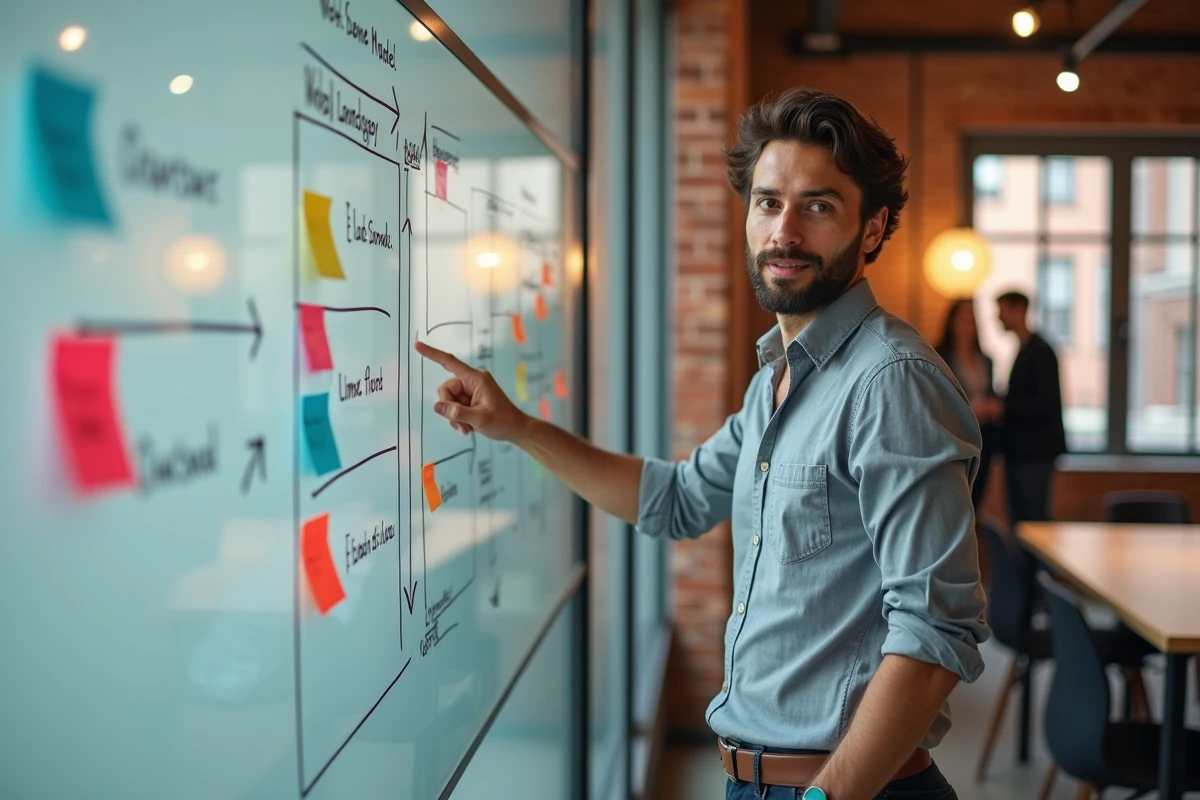 Fondateur de startup présentant un business model canvas sur tableau blanc en open space