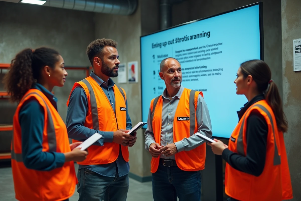 Groupe de nouveaux salariés Loxam en formation sur les avantages du comité d'entreprise dans une salle industrielle