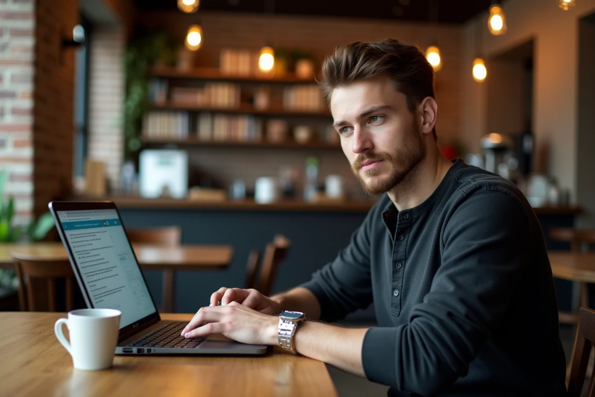 Freelance travaillant seul dans un café avec un assistant IA Mistral Le Chat ouvert sur son ordinateur portable
