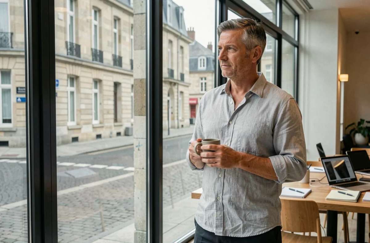 Freelance masculin regardant par la fenêtre d'un espace de coworking à Cherbourg avec vue sur les bâtiments en pierre normands