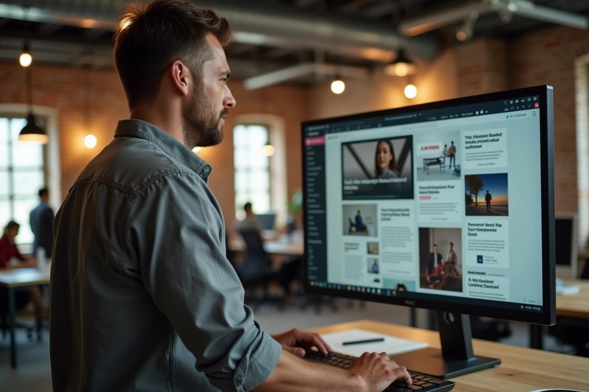 Homme gestionnaire de site de contenu consultant une stratégie de monétisation par affiliation dans un espace de coworking