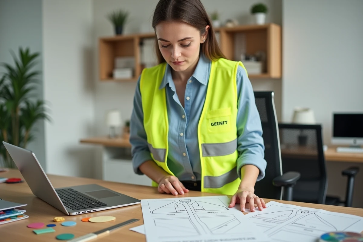 Femme portant un gilet fluo jaune personnalisé en train d'examiner un gabarit de design dans un bureau à domicile