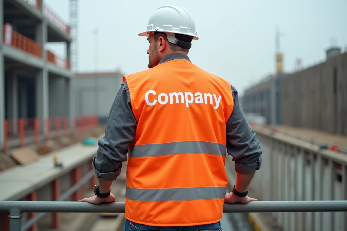 Homme de dos portant un gilet de sécurité orange avec texte personnalisé sur un chantier de construction