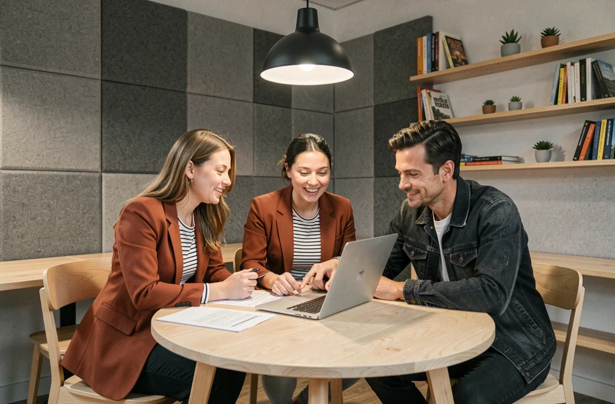 Groupe de trois indépendants collaborant autour d'une table ronde dans un espace de coworking de Cherbourg lors d'une session de travail