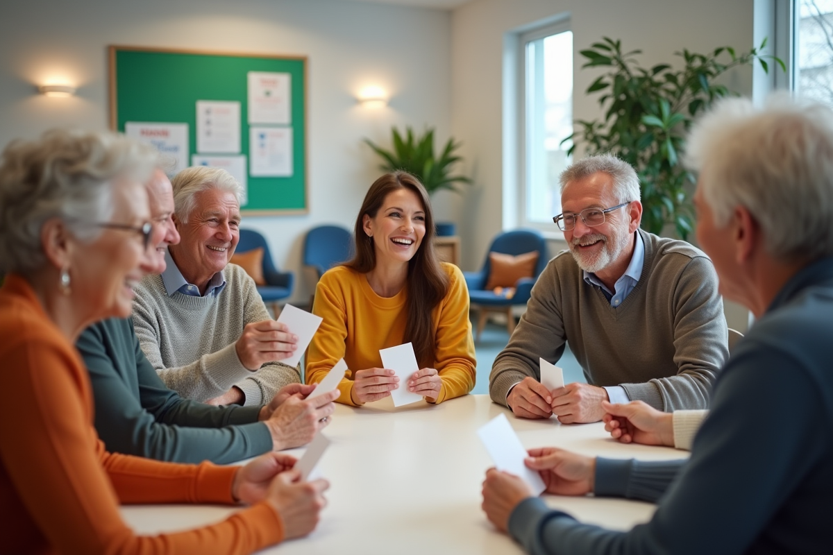 Groupe de personnes souriantes échangeant des cartes dans un centre communautaire
