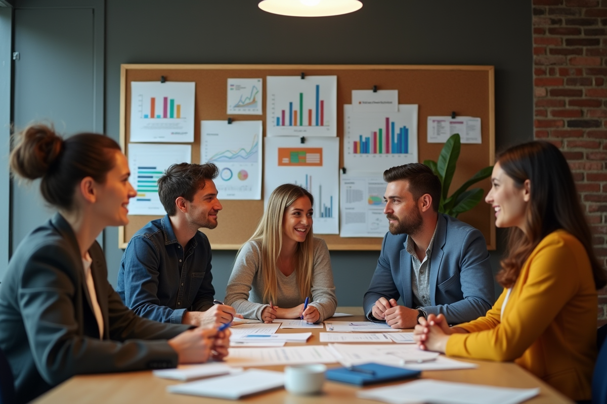 Jeunes professionnels discutant autour d un tableau de travail