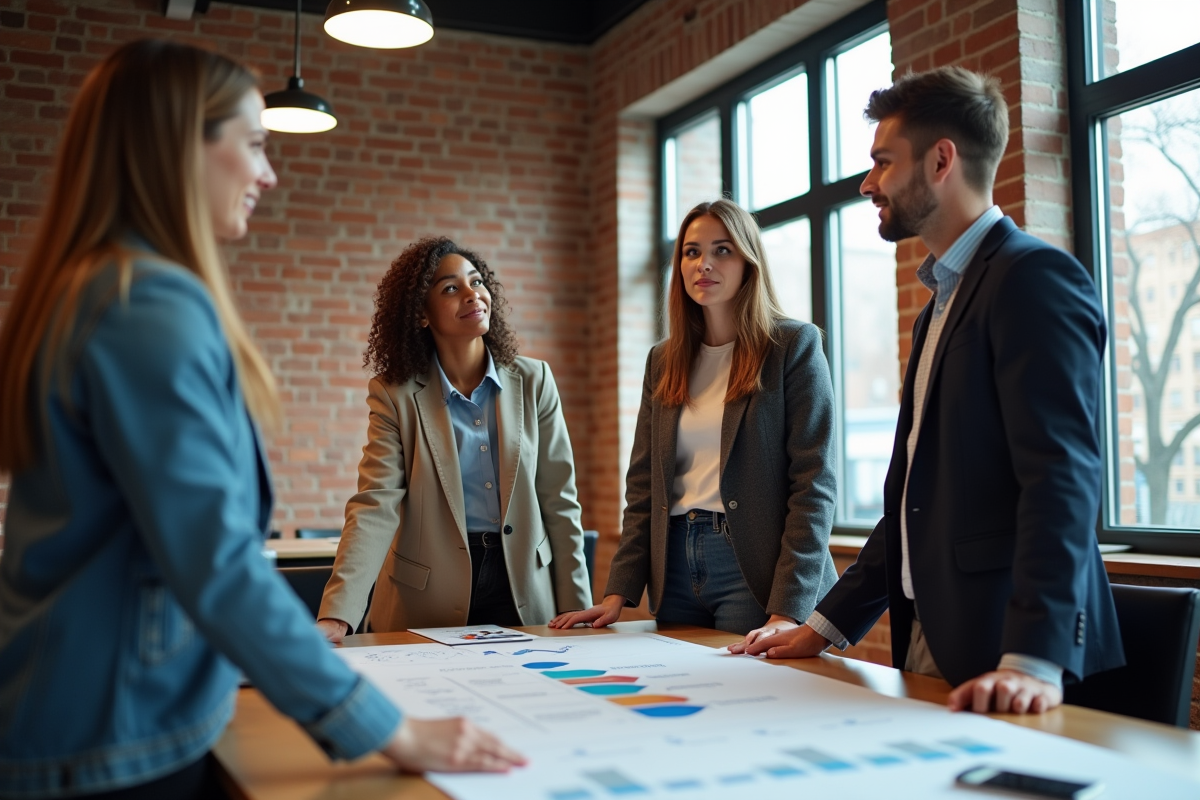 Groupe de jeunes adultes discutant stratégie dans un coworking