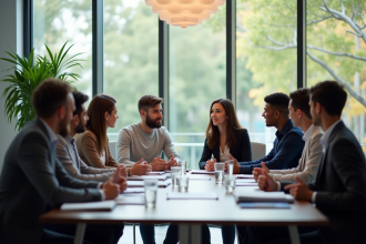 Groupe de professionnels en coaching dans un bureau lumineux