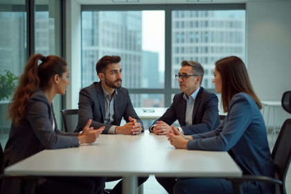 Groupe de jeunes adultes en réunion au bureau