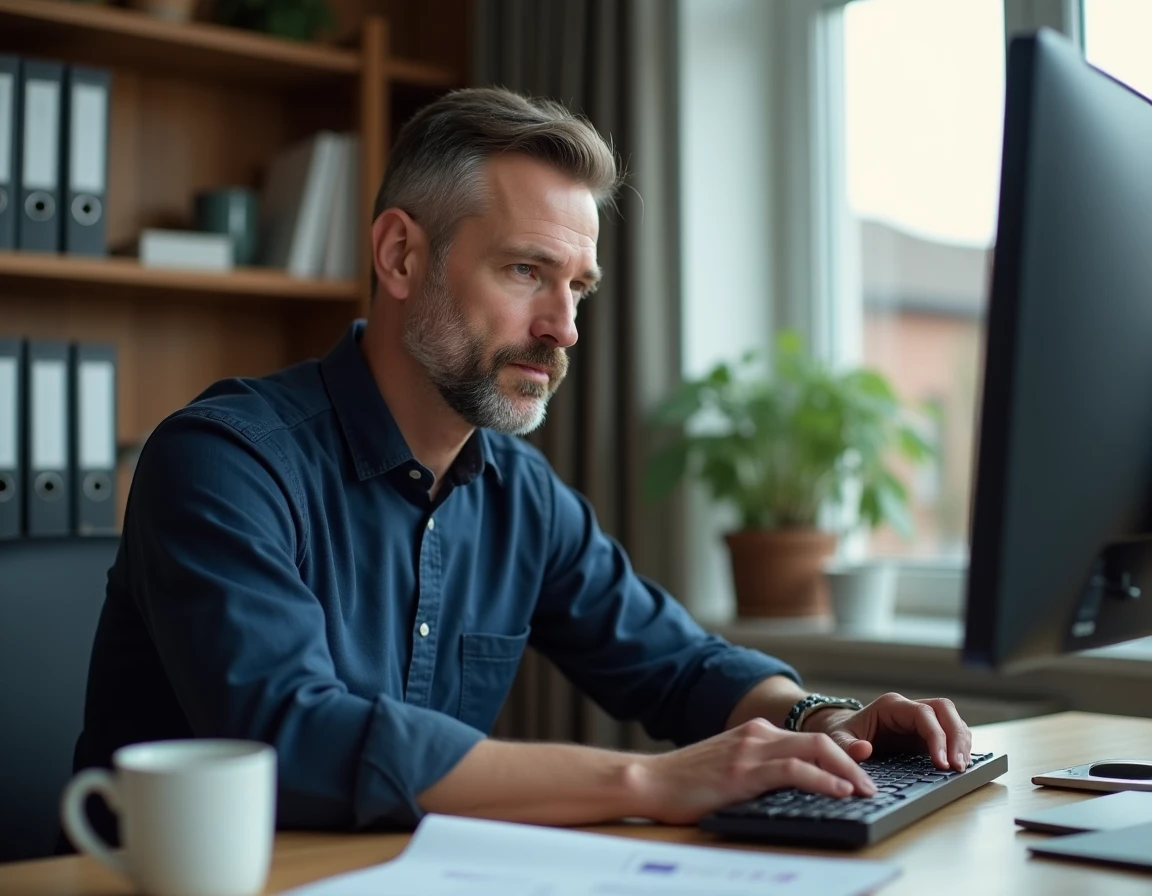 Homme accédant à son espace MyPrimobox pour consulter ses bulletins de salaire depuis son bureau à domicile