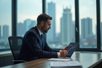Homme d'affaires en costume regardant un graphique boursier